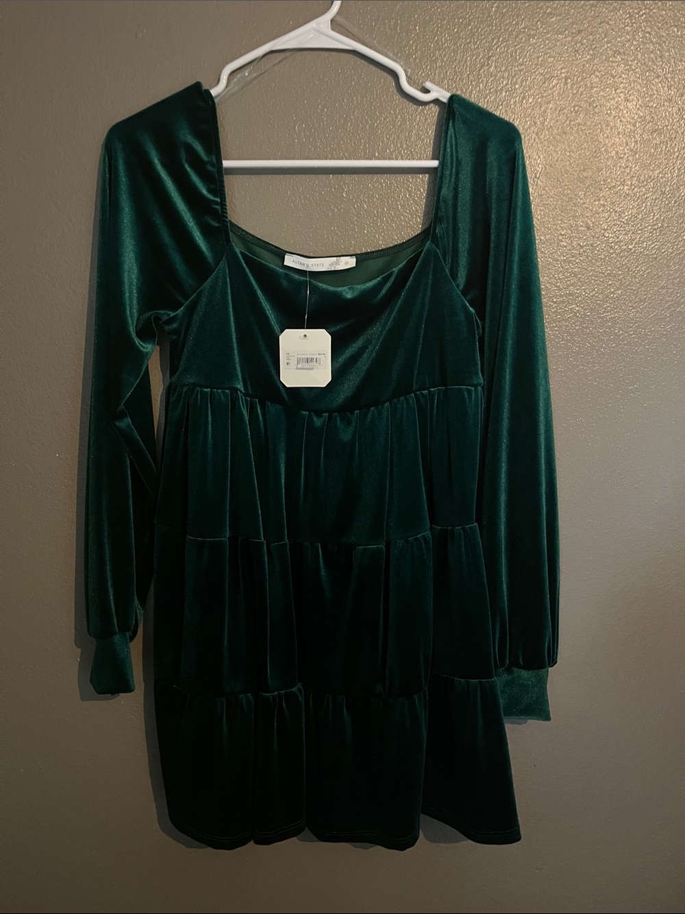 Altar'd State Emerald Velvet Tiered Long-Sleeve Dress